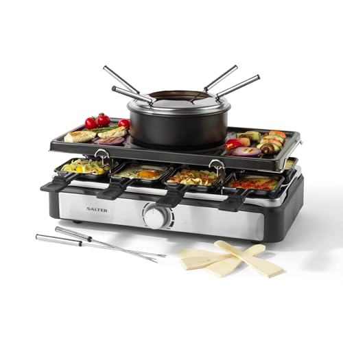 Salter Gril Électrique Raclette & Fondue - Grill d’Intérieur 2 en 1, Pot à Fondre 1,3L, Fondue au Fromage, 6 Fourchettes, Température Réglable, 8...