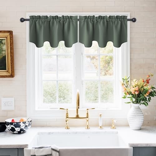 NICETOWN Kitchen Valances Curtains for Windows Living Room Bedroom Bathroom Farmhouse Style Rustic Blackout Thermal Insulated Rod Pocket Christmas, W42 x L18 Inch Length, Dark Mallard, 2 Pan