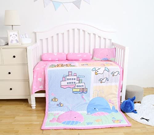 Image of Baby 5 pcs. Bedding Set | Reversible Comforter Blanket & Bedsheet Set for (0-5 Years) | Baby Crib Bedding Set (Pink)