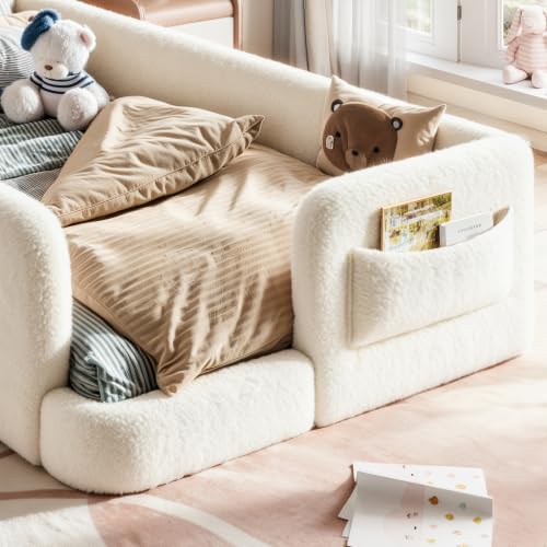 Image of Twin Size Kids Bed with Bow-Shaped Headboard, Upholstered Teddy Fabric Twin Daybed with Slats Support & Side Pockets, Space-Saving Wooden Corner Sofa Couch Bed Frame for Girls, Boys, Teenager(Beige)