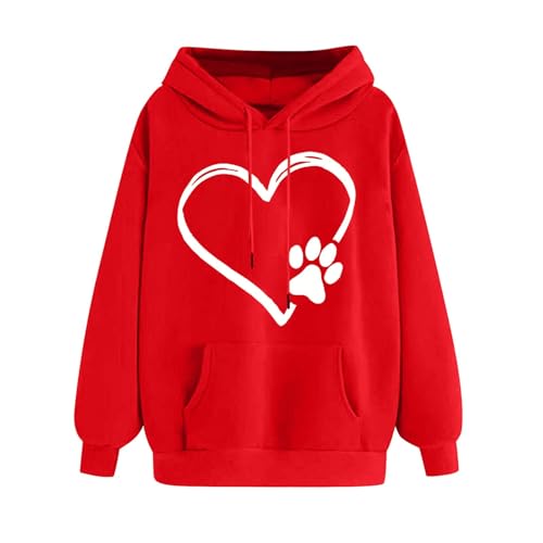 Dog Quilted Coats Hoodies For Women Uk Dog Paw Print T Shirt Women Hooded Jumpers Cartoon Print Casual Tunic Tops T Shirts Baggy Hoody Tops Loose Fit Casual Pullover Sportswear Tees Shirts Red XXL