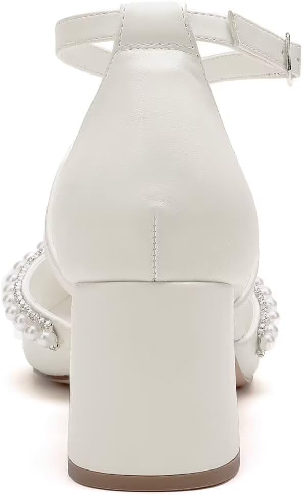 Block Heel Wedding Shoes for Bride Closed Toe Pearl Bridal Shoes Cross Strap Wedding Heels - Image 6