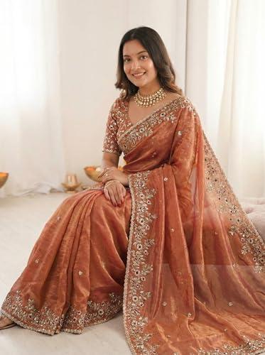 Image of ORHANS Women's Tissue Silk Ethnic Motifs Embroidered Tissue Heavy Work Saree with Embroidered With Unstitched Blouse Piece Blouse Piece | Beautiful Saree for Women | Traditional Indian Sari