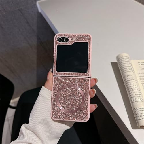 Coque rigide Samsung Z Flip 6 5 4 protège des chutes avec style pailleté rose