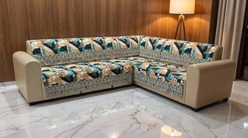 Image of Luxury Sofa Cover L Shape 6 Seater with Matching Cushion Cover 16x16 inch - Teal Abstract Floral 3+3 Seater (6 Seater) Quilted Sofa Cover Set Pack of 11, Washable, Teal Mustard Multi
