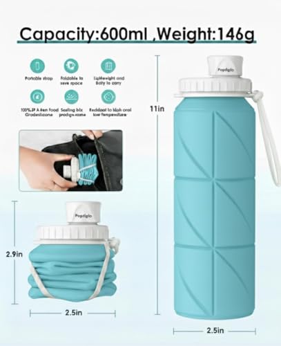 Image of SILENCIO Silicone Water Bottle 600 ml | Foldable Leak Proof Travel Bottle | BPA Free Reusable Drinking Bottle for Gym, Trekking, Camping & Outdoor Use (BLUE)