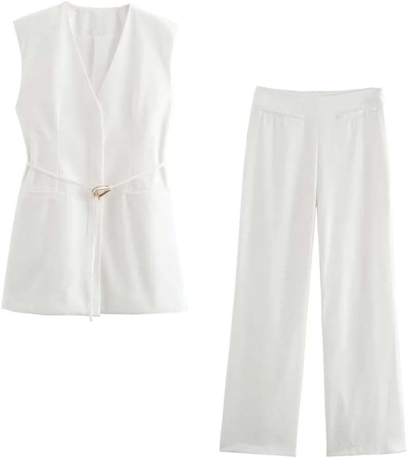 Women's Solid Color Casual V-Neck with Belt Vest Top Trousers Two-Piece Suit White2 L