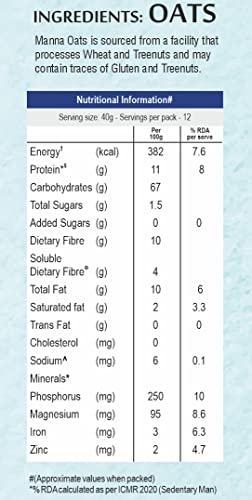 Image of Manna Instant Oats | White Oats High in Fibre and Protein | Helps Maintain Cholesterol. Diabetic Friendly | 100% Natural | 1.5kg (500g x 3 Packs)
