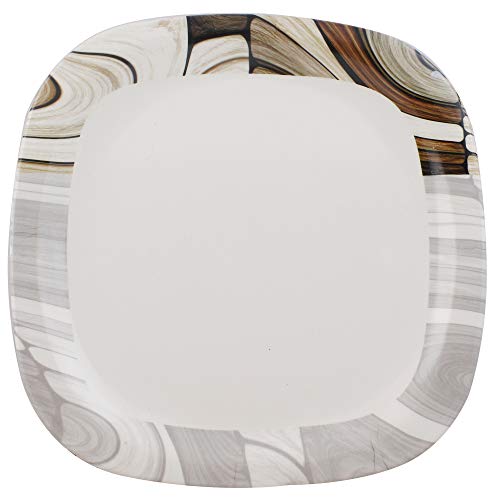 Image of Golden Fish Plastic Unbreakable Border Square Full Dinner Plates (White, Brown) -Set of 6