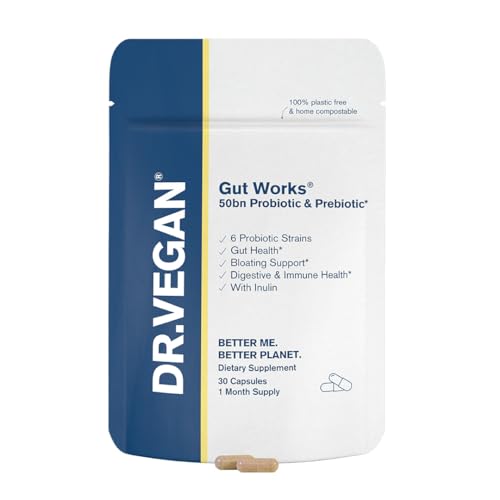 DR.Vegan Gut Works® | 50bn Live Cultures | Pre & Probiotic | 30 Vegan Friendly Capsules | One-A-Day | 6 clinically Studied strains