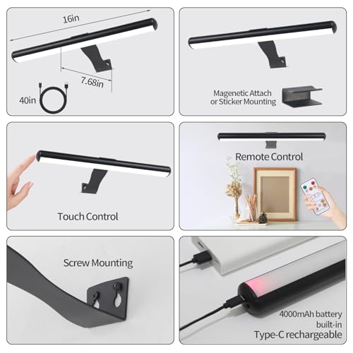 Image of Led Picture Light Rechargeable Painting Light with Remote, 16 inch Full Metal Art Light Display Lamp with Brightness Dimmable Timer Off for Pictures Painting Darboard Gallery Frame