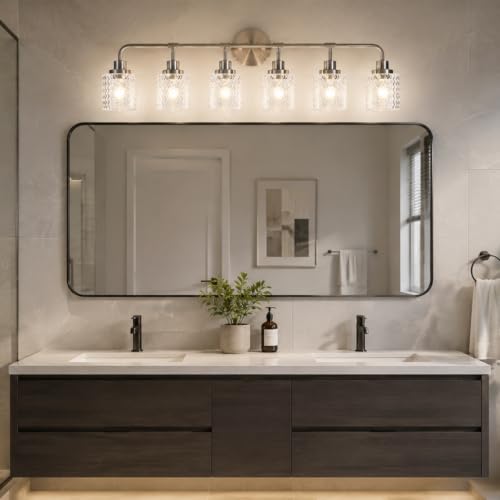 BONLICHT Transitional 6 Light Brushed Nickel Bathroom Light Modern Vanity Lighting Fixture Over Mirror with Hammered Glass Indoor Wall Sconce Light Contemporary Wall Mount Lamp for Kitchen Bath Office by BONLICHT - Used condition - Image 7