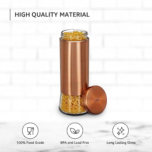 Image of Amazon Brand - Solimo Rose Gold Bell Bottom Glass Jar | Multipurpose Kitchen Organizer with See-Through Window | 2250 ml Set of 4