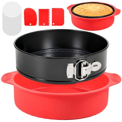 MASSUGAR 9 Inch Springform Pan Nonstick Cheesecake Pan with Silicone Protector 50 Pcs Parchment Paper Liners & 3 Cake Scrapers No Leaks in Water Bath Leakproof Round Cake Pan with Removable Bottom
