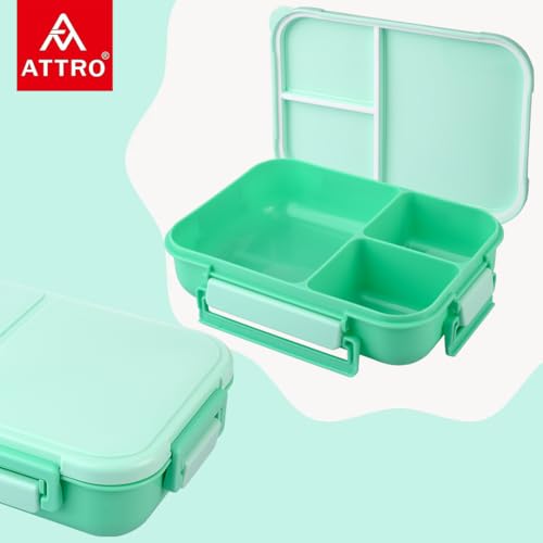 Image of ATTRO Gourmet 3 Compartment Lunch Box Portable Meal Organizer for Office, School BPA-Free, Food Grade Freezersafe, Microwave & Oven Safe 1700ml Mint Green, Plastic