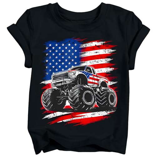 TUIVX Boys 4th of July Monster Truck Shirt Toddler Patriotic American Flag T America’s 250th Birthday Tee Black (9-10 Years)
