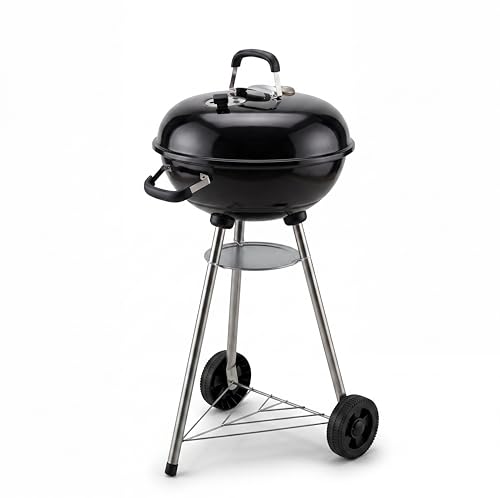Image of Charcoal BBQ Grill,47cm Kettle Barbecue with Thermometer & Adjustable Air Vent, Porcelain-Enamelled Scratch-Resistant Bowl, One-Touch Ash Catcher, Wheels & Storage Rack, Outdoor Garden Camping,Black