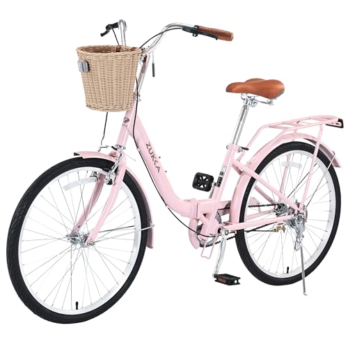 BALINGE 24 Inch Folding Girls Cruiser Bike，1-Speed Foldable Hybrid City Bicycle with Dual Brakes,Wicker Basket & Rear Rack，Adjustable Seat Post&Handlebar，Pink