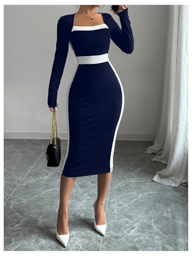 Image of SOLY HUX Women's Midi Dress Color Block Square Neck Long Sleeve Bodycon Dresses