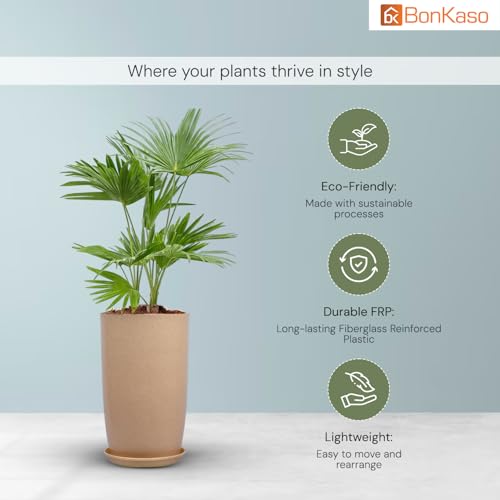 Image of BonKaso 18 inch Beige Flower Pot - Tall, Durable & Lightweight Polymer Tower Planter for Indoor & Outdoor Use: Home, Office, Garden & Balcony (Gamla /Gamale)