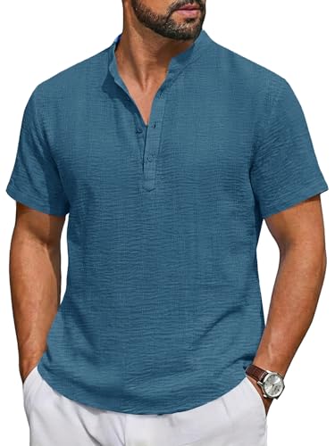 Image of Runcati Mens Casual Henley Shirt Short Sleeve Band Collar Textured Shirts Summer Beach Hippie T-Shirts