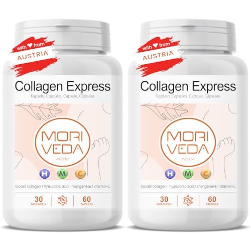 Capsule Collagen Express con collagene biocellulare di tipo II - 2 mesi di fornitura - acido ialuronico, condroitina solfato, vitamina C e manganese -pelle capelli articolazioni-da MoriVeda 2x60 pezzi