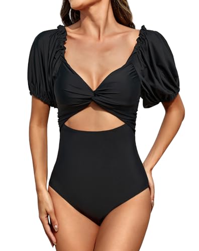 Upopby Women's Cutout One Piece Swimsuit Tummy Control Swimwear Retro Puff Sleeve High Waisted Bathing Suits
