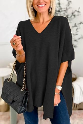 Image of Pinclodly Womens Poncho Sweater Women V Neck Ponchos and Wraps Batwing Sleeveless Shawl Pullover Sweaters Women's Clothing