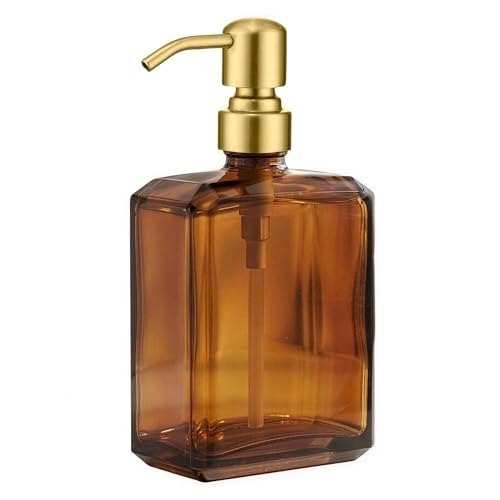 Image of KEMINO Amber Soap Dispenser Square Bottle and Gold Pump, Glass Dish Soap Dispense, Refillable Hand Soap Dispenser with Stainless Steel Pump, 13.5 oz Lotion Dispenser for Bathroom, Kitchen Countertop