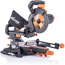 Evolution Power Tools R210SMS+ Sliding Mitre Saw With Multi-Material Cutting, Cuts Wood, Metal, Plastic & More, 45° Bevel, 50° Mitre, 230mm Slide, 1500 W (230 V)
