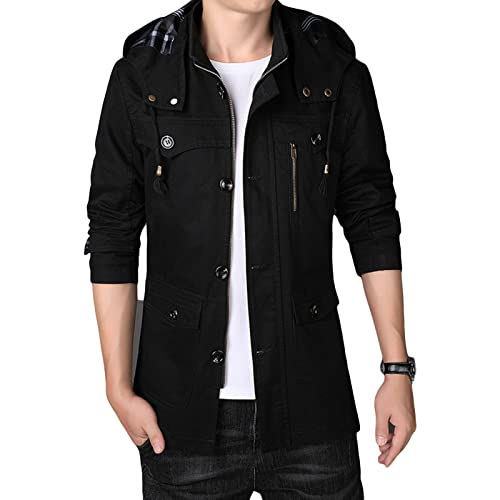 Veste en coton délavé mi-longue coupe-vent homme à bouton et zip