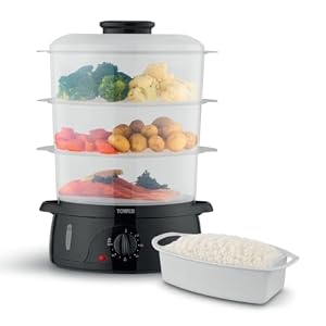 Tower 9L Three-Tier Food Steamer with BPA-Free Transparent Baskets, Rapid 40-Second Steam Start, 60-Min Timer, Rice Bowl & Egg Holders, 800W, Black, T19062BLK
