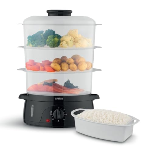 Tower Cuiseur vapeur à trois niveaux de 9 L avec paniers transparents sans BPA, démarrage rapide à la vapeur de 40 secondes, minuterie de 60 minutes, bol de riz et porte-œufs, 800 W, noir, T19062BLK