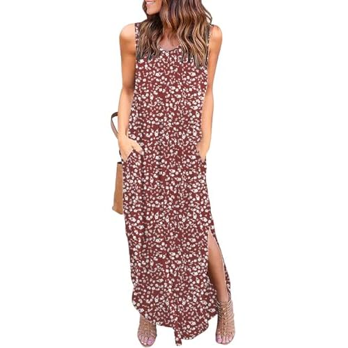 HUSKARY Women's Maxi Dresses V Neck Sleeveless Long Casual Dresses Loose Sundress with Pocket XX-Large Flower06
