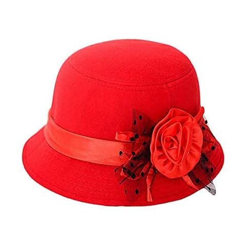 Glamorstar Vintage Felt Cloche Hat Winter Floral Fedora Bucket Hat Bowler Hats, Red, One Size Cover