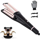 4 in 1 Crimper Hair Tool - Hair Waver with Adjustable Depths for 4 Wavy Styles, Beach Waves Curling Iron with 3 Ceramic Barrels, 4 Temperatures, Dual Voltage, for Women (Gold)