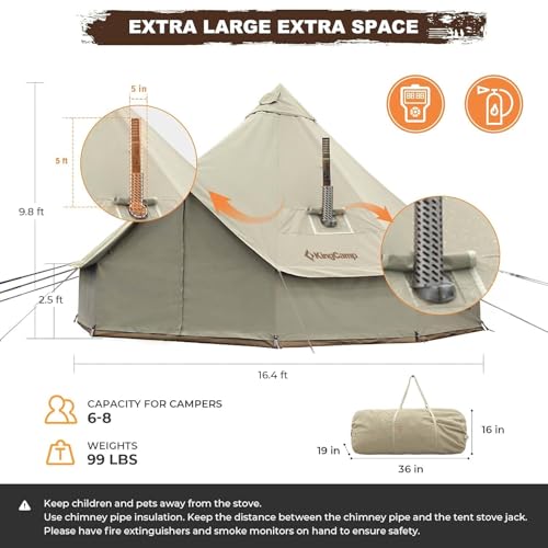 KingCamp Glamping Tent for 4 Seasons, 13.2ft/16.4ft Large Waterproof & Windproof Luxury Bell Yurt Tent w/Stove Jack, Spacious for Family Camping Hunting Parties