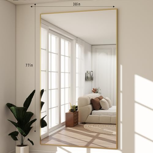 Image of BEAUTYPEAK 77 inchx38 inch Rectangle Full Body Floor Mirrors, Full Length Mirror Hanging or Leaning, Aluminum Alloy Frame Wall Mirror for Bedroom, Dressing Room, Gold