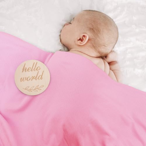 Image of DRESHOW BQUBO Baby Girl Newborn Receiving Blankets with Bow Hat Headband Wooden Birth Announcement Card Set Newborn Baby Swaddle Wrap Set Warm Shower Gift