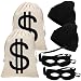 6 Pieces Robber Costume Set Include Canvas Dollar Sign Money Bags Bandit Eye Mask Knit Beanie Cap for Halloween Cosplay Burglar Theme Party