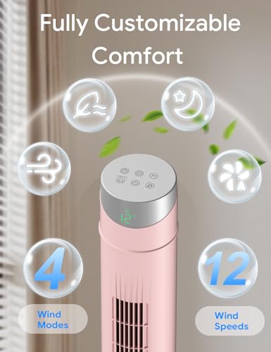 Image of ZAFRO Smart Tower Fan for Bedroom,120 Oscillating Fans that Blow Cold Air | 28ft /s High-Speed 12 Speeds 4 Modes Upgraded DC 22dB Ultra Quiet,App /Voice Control,Standing Fan with 12H Timer,42Inch, Pink