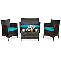 Tangkula 4 Pieces Patio Rattan Conversation Set with Tempered Glass Coffee Table & Thick Cushion, Wicker Chair Set for Garden, Lawn, Poolside and Backyard