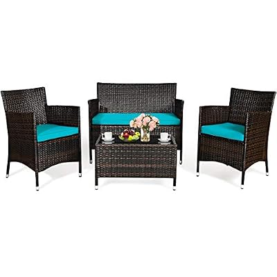 Tangkula 4 Pieces Patio Rattan Conversation Set with Tempered Glass Coffee Table & Thick Cushion, Wicker Chair Set for Garden, Lawn, Poolside and Backyard