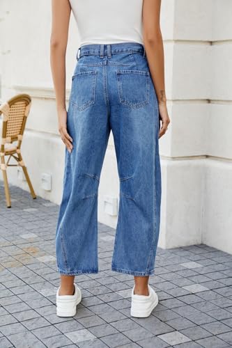Allimy Womens Jeans High Waisted Mid Rise Baggy Loose Fit Ankle Barrel Leg Y2K Boyfriend Horseshoe Cropped Wide Leg Jeans for Women Trendy 2025 Denim Capri Pants Women Navy Blue Size 144
