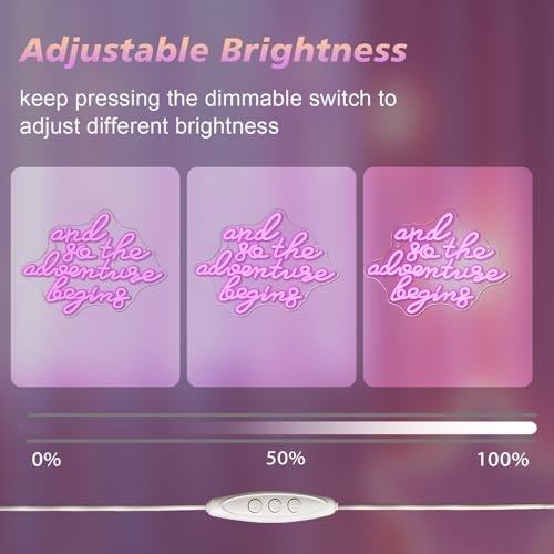 Image of Pink Neon Sign Dimmable Wanderlust LED Wall Light for Campervan Decor | 16.5*12.5IN,And So the Adventure Begins,Five level brightness adjustment,USB powered,For Bar,Pub,Club,Bedroom,Party,Weedding