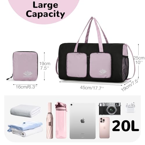 Outplea Packable Mini Gym Duffle Bag 20L, Ultralight Nylon Sports Holdall Bag Women Men, Small Weekend Overnight Travel Bag Foldable, Purple - Image 3