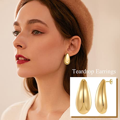 Chunky Gold Hoop Earrings for Women, Lightweight Teardrop Hoops Earrings with 18K Real Gold Plated, Hypoallergenic Earrings Waterdrop Hollow Open Jewelry for Women3