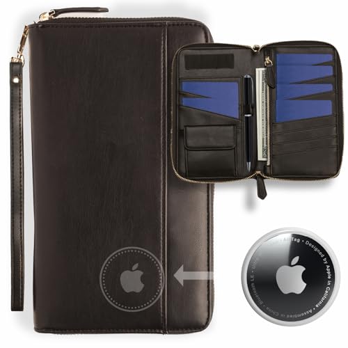 Apadi Family Passport Holder with AirTag RFID Passport Wallet Leather Travel Wallet Womens with Zipper Multiple Travel Document Organizer Holder 4 6 Passport Cover Case Porta Pasaporte Familiar Men