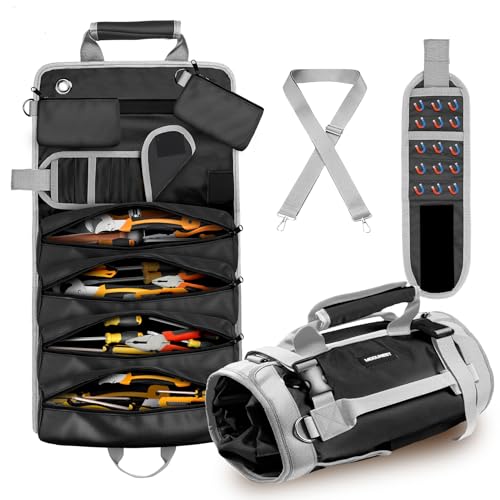Tool Bag Roll Up Large Heavy Duty, Waterproof Oxford Fabric Tool Storage Organizer with Shoulder Strap Detachable Magnetic Wristband, Foldable Carrying Toolbag for Car Mechanic and Electrician(Black) Tool Bag Roll Up Large Heavy Duty, Waterproof Oxford Fabric Tool Storage Organizer with Shoulder Strap Detachable Magnetic Wristband, Foldable Carrying Toolbag for Car Mechanic and Electrician(Black)