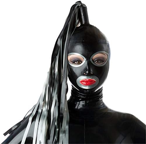 Black Latex Hood with Silver Brim with Latex Wig Back Zipper Rubber Mask Cosplay Club Wear Costume